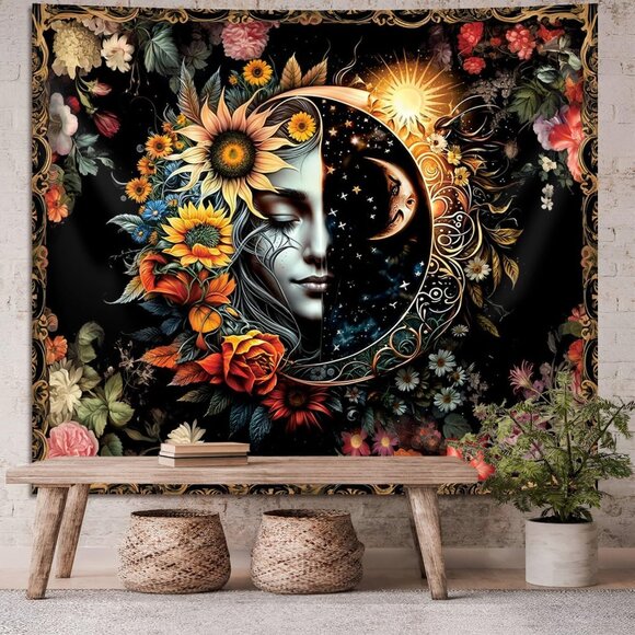 New 59x51In Sun and Moon Tapestry, Boho Psychedelic Wall Art for Home & Room - Picture 1 of 10